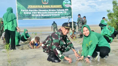 PEDULI KELESTARIAN LINGKUNGAN, PERSIT KODIM MERAUKE TANAM RATUSAN MANGROVE DI PANTAI PAYUM